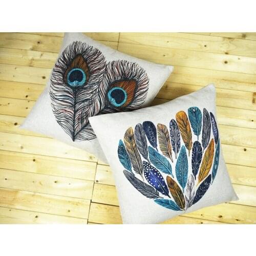 Feather pillow cover, Creative watercolor cartoon Peacock Feather throw pillow case pillowcase wholesale