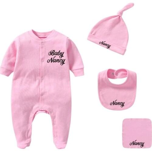 Custom Baby Name Newborn Girl/Boy Coming Home Outfit Baby Shower Gift Clothes Romper+Hat+Bibs+Towel 4pcs Cotton Newborn Outfits