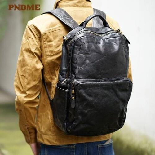 PNDME casual fashion luxury natural genuine leather large-capacity black backpack real cowhide outdoor travel men laptop bagpack