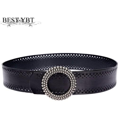 Best YBT Women Imitation Leather Belt Alloy Round Smooth Buckle Fashion High Quality Casual Trend Dress Decoration Hollow Belt