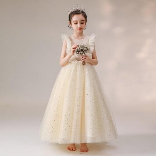Luxury Flower Girls Dresses Champagne Lace Sequined O-Neck Sleeveless Princess Regular Tulle Ball Gown Tiered Floor-Length D182