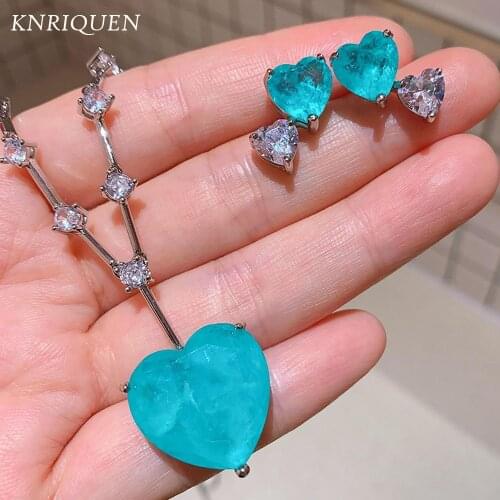 Luxury Heart Shaped Paraiba Tourmaline Blue Stone Aquamarine Diamond Stud Earrings Womens Pendant Necklace Wedding Jewelry Sets