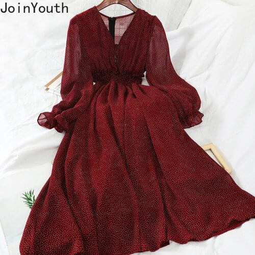 Joinyouth Women Dot Dress V-neck Long Sleeve Chiffon Dresses 2020 Spring Stretch Slim Waist A-line Long Ankle Vestidos 58037