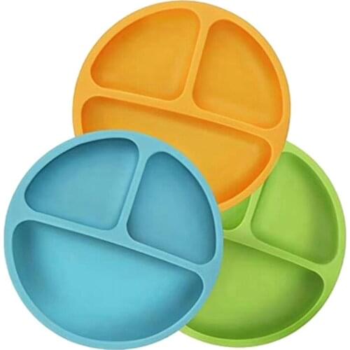 Silicone Childrens Bowl with Suction Cup, Suction Cup Anti-Overturning Baby Feeding Plate 3 Yellow, Green and Blue