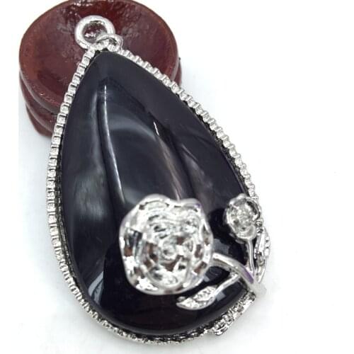 High Grade 32*49mm Black Agat Stone Waterdrop Pendant for Women Silver-color Flower Wire Winding Wholesale Price Jewelry B3078