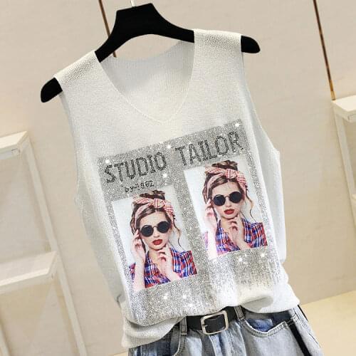 Hot Rhinestone Bright Silk Sleeveless Vest Womens Spring/Summer New Style V-neck Loose All-match Sling Knitted Top T-shirt