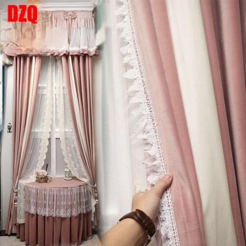 French High-end Pink Princess Style Pure Color Flannel Lace Stitching Curtains Blackout Curtains for Bedroom Living Room