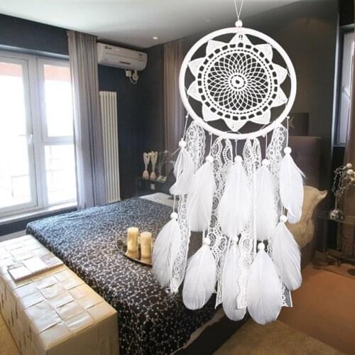 Handmade Tapestry White Dream Catcher Wooden Beads Lace Flower Pendant Feather Wind Chimes Gifts Bedroom Decoration