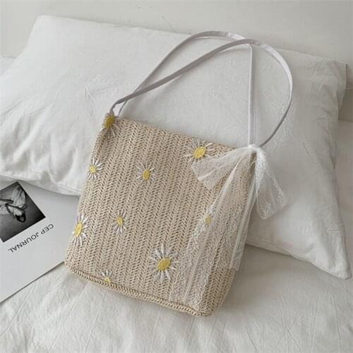 Fashion Tote Bag Embroidered Sunflower Lady Literary Lace Hollow Versatile Summer Shoulder Bag Women Handmade Straw Bags