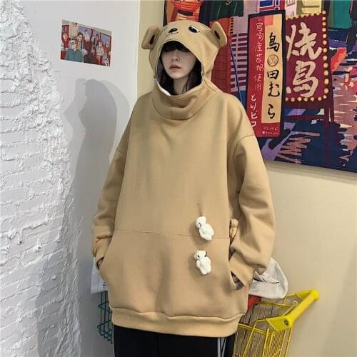 Harajuku Style Plus velvetHoodie Sweater Women 2021 New Hip Hop FunnyFashion Pullover Loose Warm Top CoupleFashion bear Coat