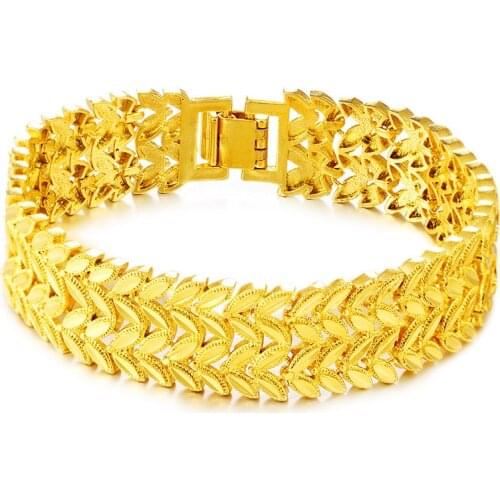 Liffly Fashion 24k Gold Bracelet for Women Jewelry Charm Bridal Wedding Anniversary Party Fine Jewelry Big Bracelets Gift