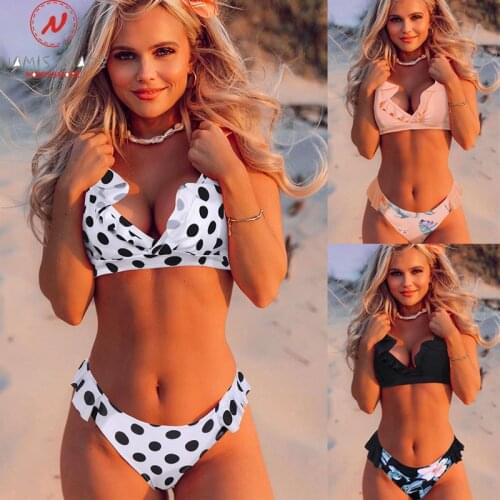 Beach Style Women Summer Two Piece Bikini Set Bandage Ruffles Decor Sleeveless V-Neck Backless Short Top+Elastic Waist Briefs