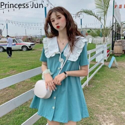 Retro French Women Short Sleeve Mini Dress Cute Sweet Ruffled Peter Pan Neck Harajuku Girl Dress Vestidos Lotus Leaf Doll Dress