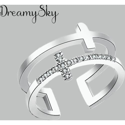 Vintage Real Pure Silver Color Crystal Cross Rings for Women Wedding Big Open Finger Ring Anillos Anelli