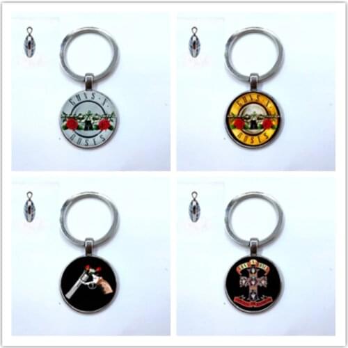 2019 Trendy Guns n Roses Keychains Art Picture Double sided Glass Dome BPGNR Logo Keyring Steampunk Music Band Key Chain