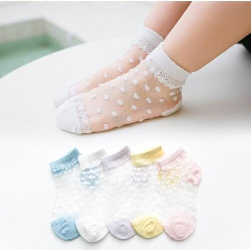 5 Pairs/Lot Summer Girls Socks Lovely Dot Crystal Silk Kids Sock Children Baby Girl Thin Mesh Breathable Elastic Lace Socks