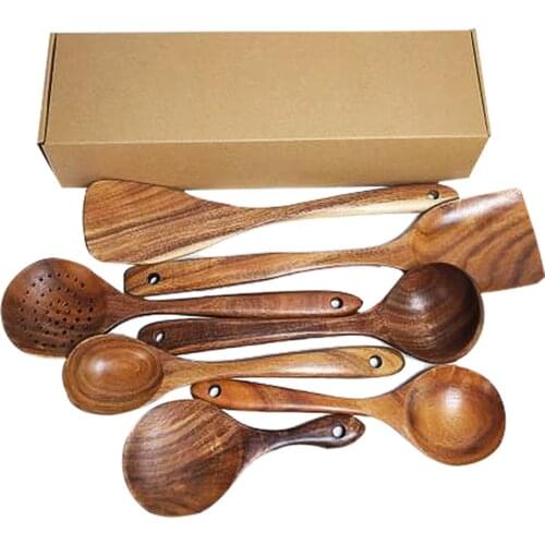 Safety Natural Wood Tableware Spoon Ladle Turner Long Rice Colander Soup Skimmer Cooking Spoons Scoop Kitchen Tool Set with box