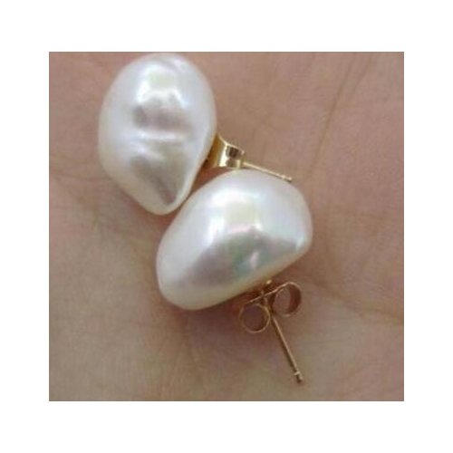 Noble jewelry charming sea baroque 10-11mm white pearl earring 14K/20 YELLOW GOLD free shipping