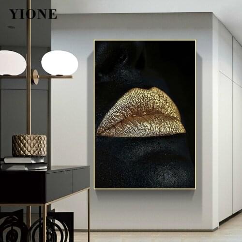 Black Woman Face with Gold Lips Mouth Art Picture Canvas Painting Custom Modern Figure Wall Poster Prints for Living Rome Decor
