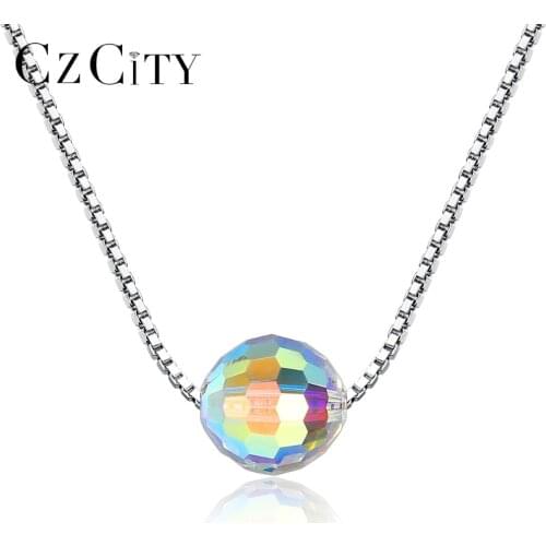 CZCITY Pure 925 Sterling Silver Necklaces for Women Fine Jewelry Round Bead Crystal Ball Pendant Necklace Dating Wearing Jewelry