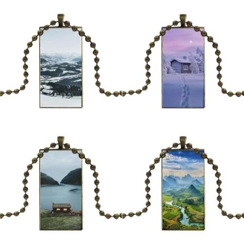 For Lovers Best Friendship Mountain River And House Classic Glass Pendant Necklace Handmade Half Pendant Rectangle Necklace