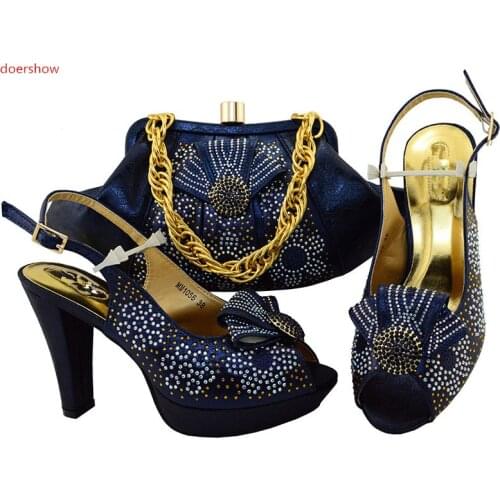 Doershow balck Matching Women Shoes and Bag Set Decorated with Rhinestone African Shoes and Bag Set To Match for Party SIU1-8