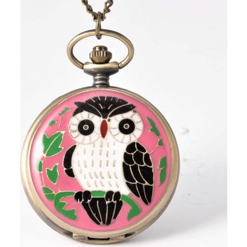 Classic Pink Owl Purple Case Quartz Pocket Watch Bronze Antique Necklace Pendant Chain Ms. Mens Watch Gift Pocket Watch