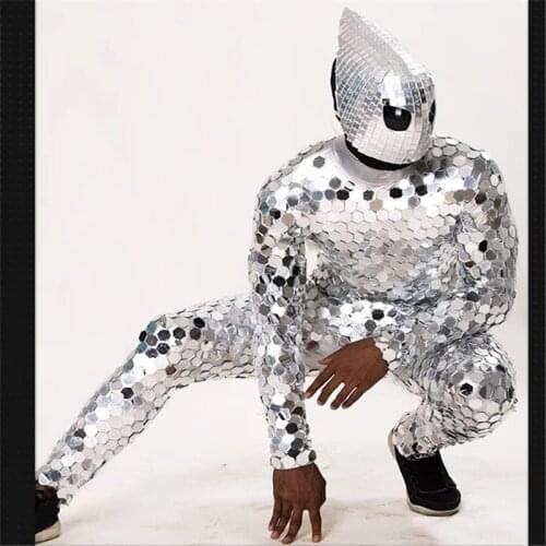 Silver mirror suit men robot bodysuit stage performance wears clothe ballroom dance costume dj outfits party show dress bar rave