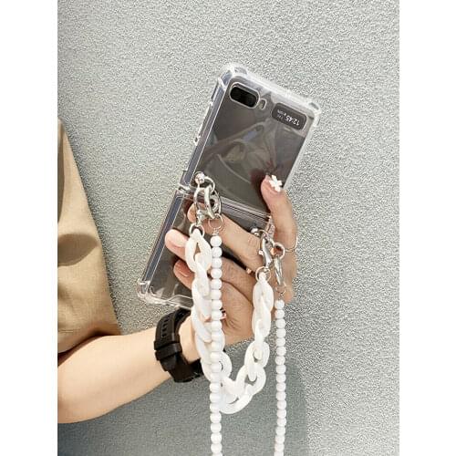 Creativity DIY Love Buckle White Chain Bracelet Case For Samsung Galaxy Z Flip / Flip3 5G Neck Strap Crossbody Transparent