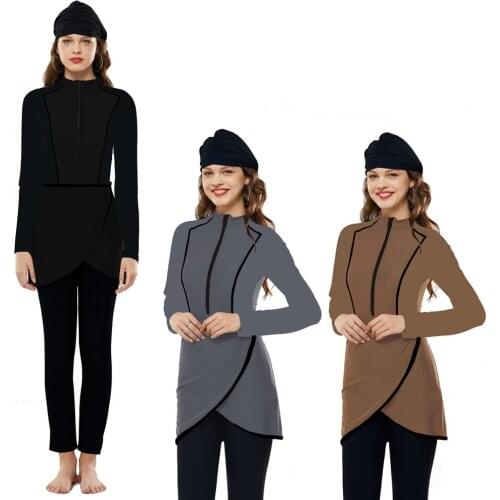 4 Pieces Slim Swimsuit Conservative Large Size Solid Color Hijab Swimsuit Muslim Swimwear Swimming Suit for Women Long Sleeve