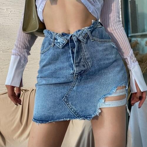 Summer Frayed Distressed Denim Skirt Women High Waist Casual Mini Jean Skirt
