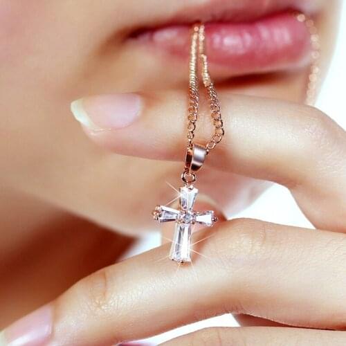 Fashion Rose Gold Color Cross Pendant Necklaces For Woman Crystal Pendant Cubic Zirconia Long Necklace Jewelry Wholesale