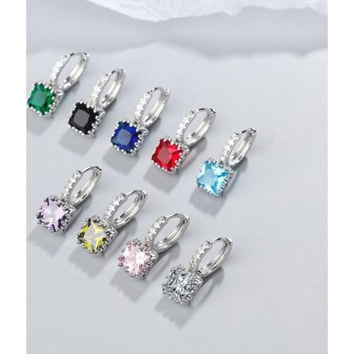 PANGJERY 925 Sterling Silver Sparkling Micro-inlaid Colored Zircon Hoop Earrings for Women Exquisite Square Party Jewelry Gifts