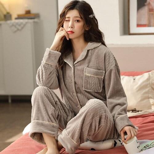 Autumn and Winter Pajamas Womens Smoke Gray Thickened Plus Velvet Two-piece Suit Feminine Home Clothing