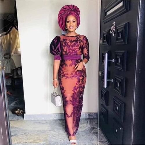 Grape Aso Ebi Style Prom Dresses Lace Appliques See Through Sheath Eveing Gowns Saudi Arabia Robe De Soiree Formal Party Dress