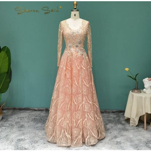 Luxury Crystal Dubai Pink Muslim Evening Dress Long Sleeve Plus Size Women Dubai Formal Dresses for Wedding Guest Party Gowns