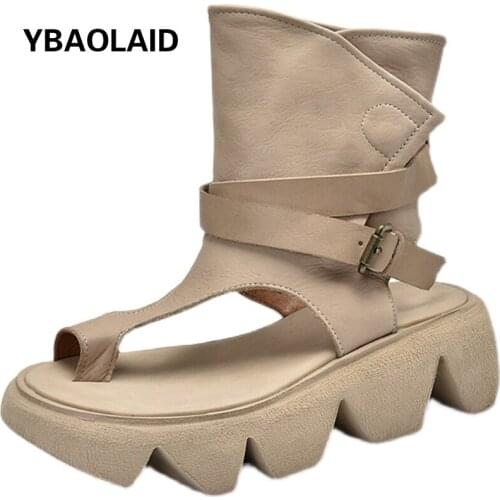 New Solid Color Genuine Leather Thick-soled All Over Toe Sandals First Layer Leather Trifle Thick-soled Handmade Retro Sandals