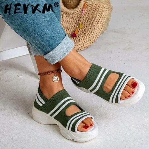 Womens Sandals Woman Shoes Stretch Fabric Slip On Hollow Out Peep Toe Thick Bottom Casual Cover Heel Ladies Female 2020 New