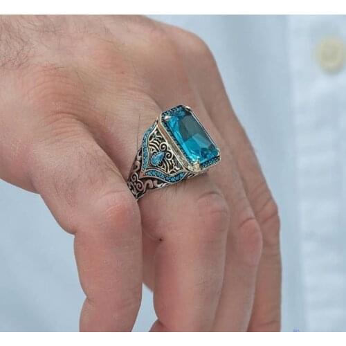 Silver mens ring 925 sterling Turkish handmade jewelry aquamarine all size