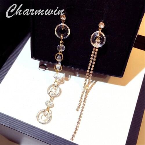 Charmwin New Tassel Earrings Long Earrings Women Rhinestone Circle Asymmetric Dangle Earrings Female