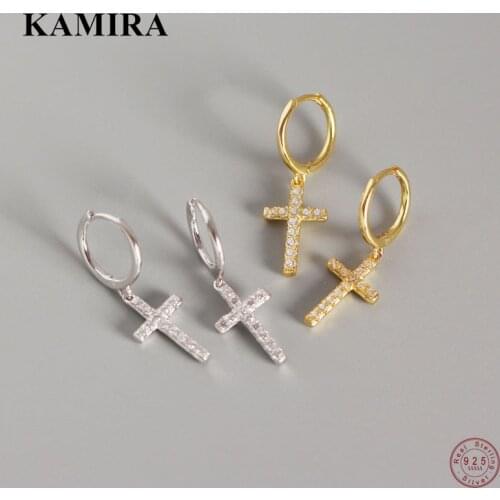 KAMIRA Real 925 Sterling Silver Bohemian Chic Cross Shiny Zircon Pendant Drop Earrings for Women Elegant Party Cuban Jewelry Hot