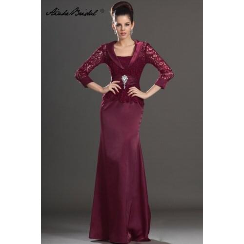 Gorgeous Mermaid 3/4 Sleeve Mother of the Bride Dress Burgundy Lace Satin Long Formal Womens Dress