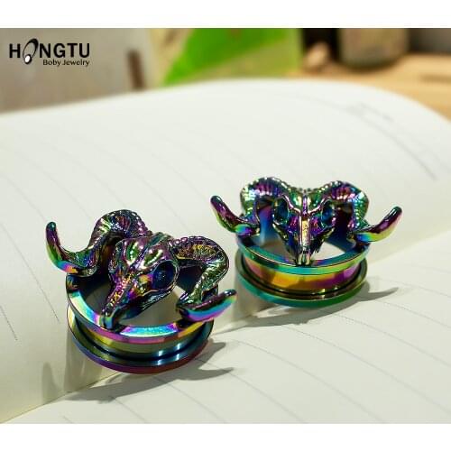 HONGTU 1PC Skull Ear Piercing Plugs Tunnel Stainless Steel Rainbow Screw Body Jewelry Gauges Earrings Fashion Unisex Gift 0G 00G