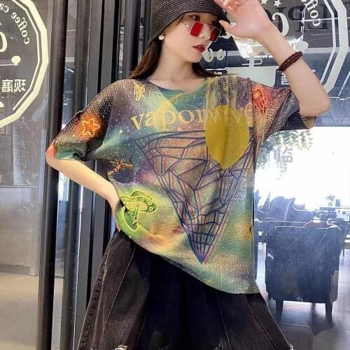 Oversized Harajuku Hollow Out Graffiti Rainbow Women Nice knitted Top Womens Punk Goth Summer Fashion Streetwear Gothic Clothes
