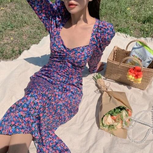 Woman floral print long sleeve maxi dress xs s m l