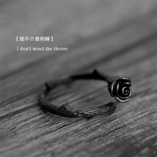 Season Gate 925 Sterling Silver Personality Fashion Black Rose Flower Adjustable Size Open Ring for Women Girls SR030