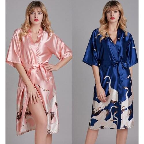 Women Sexy Satin Silk Kimono Dressing Bridal Print Lingerie Belt Bath Robe Nightwear Sleepwear Nightdress Nightgowns