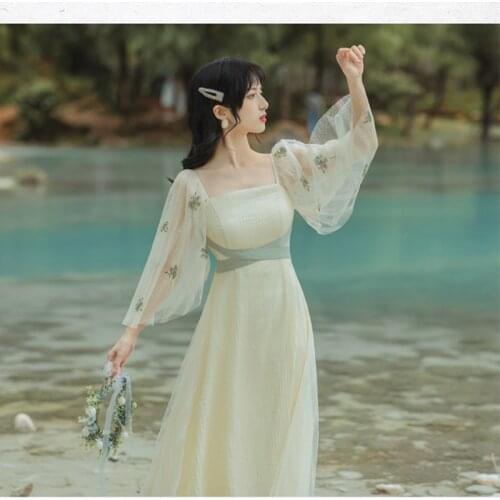 Womens Mesh Embroidery Hanfu Improved Summer Sweet Fairy Dress Bowknot Chic Square Neck Elegant Vestidos