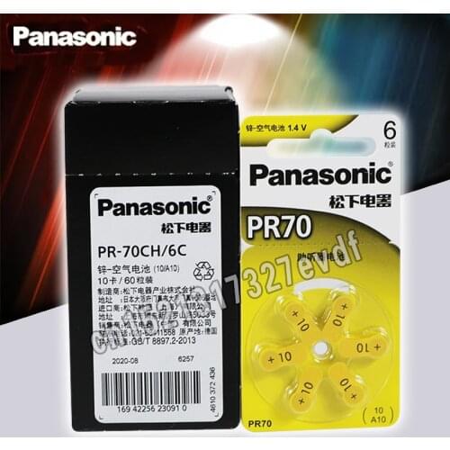 100% Genuine Panasonic 60PCS PR70 Hearing Aid Batteries 5.8MM*3.6MM 10 A10 Deaf-aid Cochlear Button Cell Batteries Audiphone