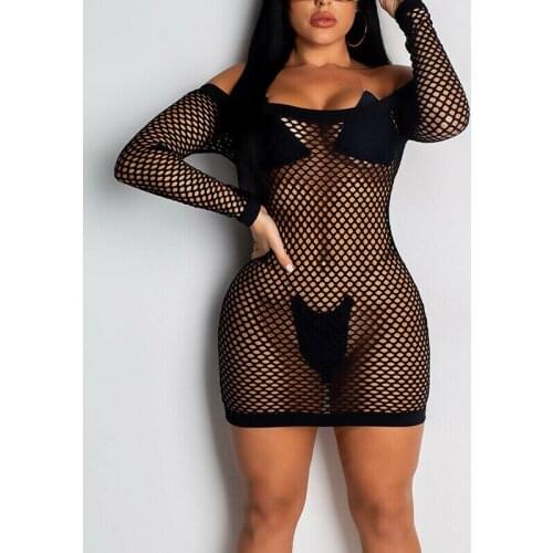 4Colors Summer Women Sexy Bikini Cover Up Fish Net Hollow Out Crochet Beachwear Dress Female Bathing Mesh Off Shoulder Cover-Ups